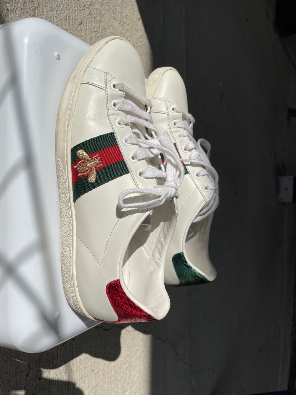 Gucci White Leather Ace Sneakers with Green & Red Stripe and Gold Bee